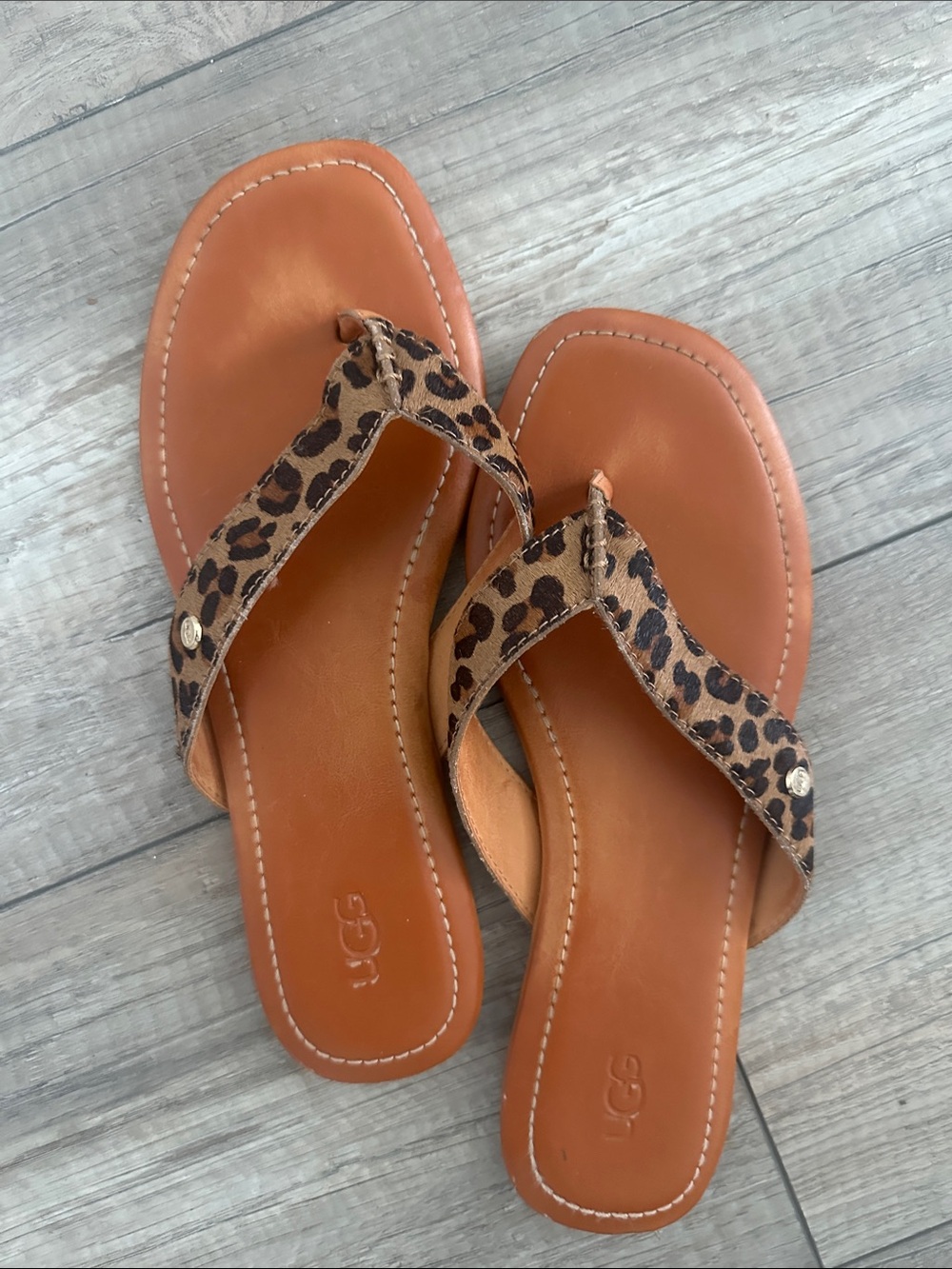 UGG Women’s Leopard Print Tan Leather Thong Sandals